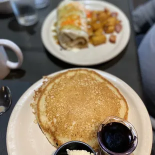 Side of Pancakes and Breakfast Burrito with Home Potatoes