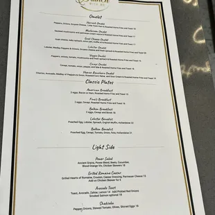 this side of the menu features omelets, Benedicts and salads