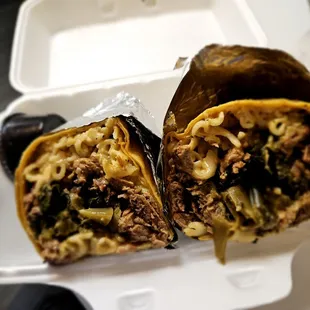 Brisket, mac and cheese and greens burrito.