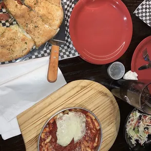 Chicken Parmesan &amp; salad (nice size house salad). Pepperoni, mushrooms &amp; Cheese Calzone.