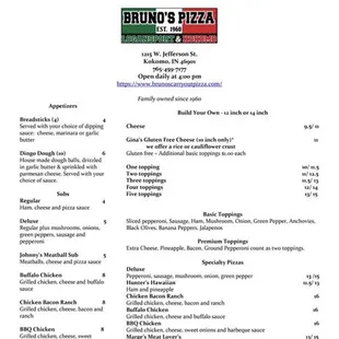 the menu for bruno's pizza kokomo