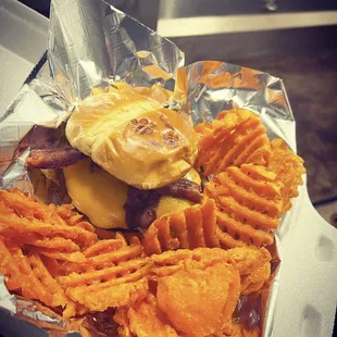 Bacon Cheese Burger with Sweet Tatuh Waffle Fries