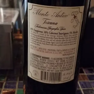 Back label of Monte Antico