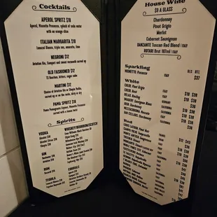 Current drinks menu