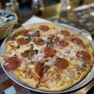 Mushroom, Pepperoni, and Onion Pizza