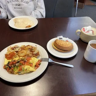a plate of food and a cup of coffee