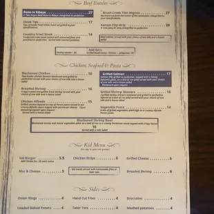 Dinner entrees and Kids Menu