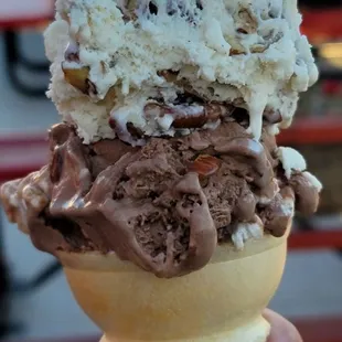 Butter Pecan &amp; Rocky Road in a cake cone