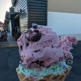 Black cherry and pistachio waffle cone
