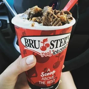 A blended-to-order Bruster&apos;s Blast with Reese&apos;s Peanut Butter Cups made with our fresh-made, creamy Vanilla ice cream.