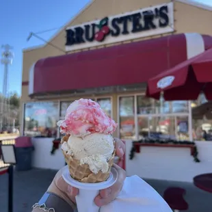 Peppermint stick and butter pecan in a waffle cone -- soooo good