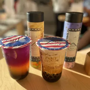 Pictured (left to right): (can&apos;t rmb), Passion Fruit Tea, Brown Sugar Milk Tea, Anchan Strawberry Latte