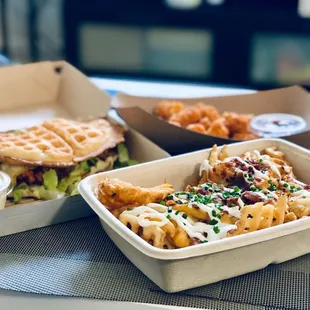 Waffle Fries (hot chicken and spiced tots in the back)