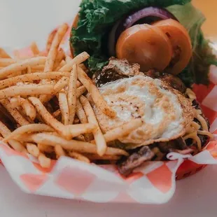 a basket of fries and a burger