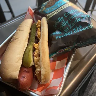 a hot dog and chips