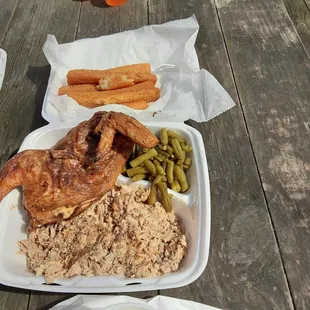 Hush puppies, chicken, green beans, chopped pork