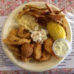 Daily special: fried catfish, fried shrimp, coleslaw, mac and cheese, fries, hush puppy, and corn on the cob