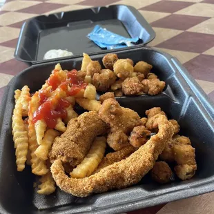 Fried fish with okra and fries