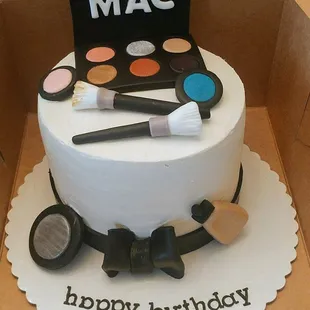 MAC makeup birthday cake. Chocolate cake with vanilla buttercream and fondant details. #cakes #baking #makeup #mac #fondant #birthday