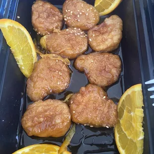 Processed chicken nuggets in place of real chicken for the orange chicken