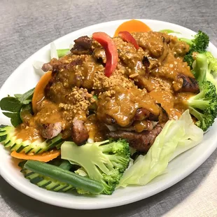 Pra Ram with BBQ pork.