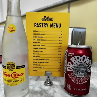 Topo Chico Sparking Water, Dr Browns Black Cherry Soda &amp; Pastry Menu (Oct 2023)