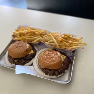 Two bub burgers and two Cheese Fries
