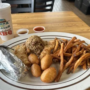 Combo - Chicken Tenders and NC Style, Fresh Cut French Fries, Corn-on-Cob, Hush Puppies