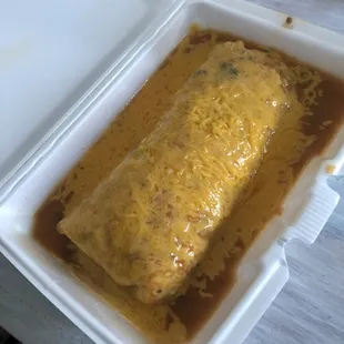 Huge chorizo smothered breakfast burrito