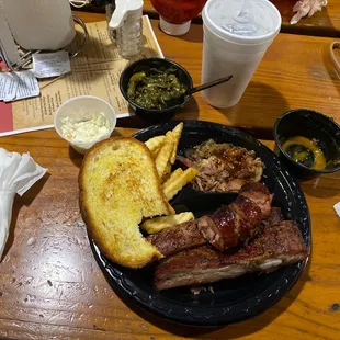 3 pig platter, collard greens, Sausage, Ribs, Pulled Pork