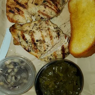 Grilled Chicken Breast garlic bread black eye peas collard greens