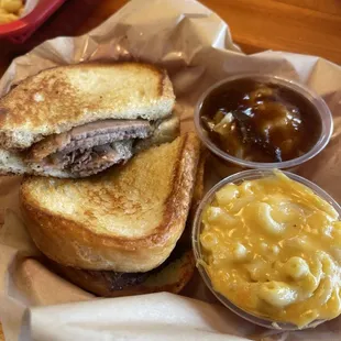 Texas Brisket Sandwich Basket with mashed potatoes and Mac &amp; Cheese