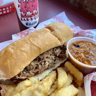 Pulled Pork Sandwich w/ Fries &amp; Beans (Gotta try the "Killer" BBQ sauce)