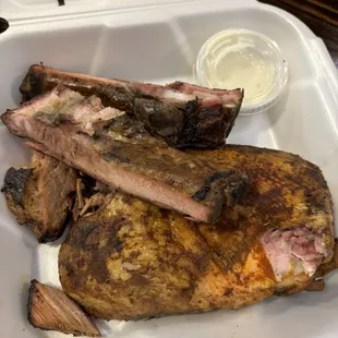 So good! Ribs and chicken! The brisket, Mac and cheese &amp; jalapeño poppers did not survive to pose for the photo! Lol