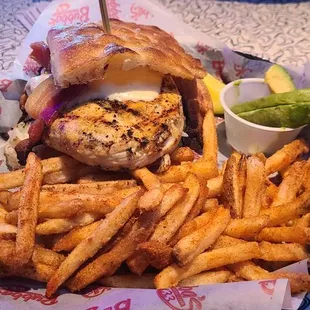 Bacon and Avocado Chicken sandwich on delicious focaccia bread is my  favorite sandwich. My side was spicy fries.