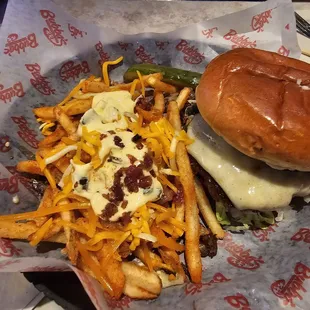 Shroom burger with smothered fire fries