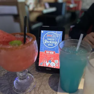 Watermelon margarita and bubbas blue lemonade