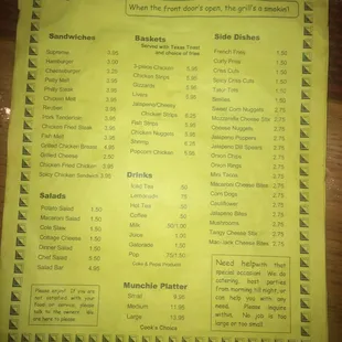 Front page of menu
