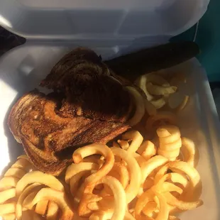 Patty Melt and spiral fries