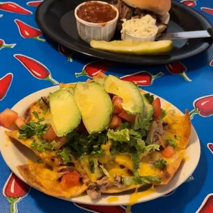 Bbq nachos and BBQ sandwich