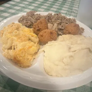 Pulled pork Mashed Potatoes Macaroni Pie Hush Puppies