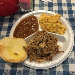 This is their pulled pork with baked beans and macaroni pie.  Great food, big portions and great price!