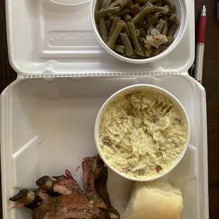 Baby back rib dinner with tater salad and green beans