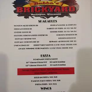 the menu for the restaurant