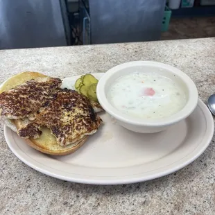 Chicken sandwich and potato soup