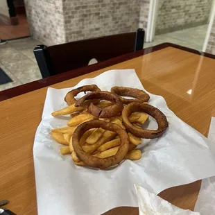 Fries and extra crispy rings.