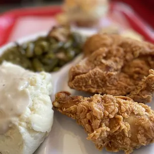 fried chicken, mashed potatoes, and gravy