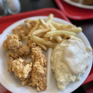 fried chicken, fries, gravy and gravy