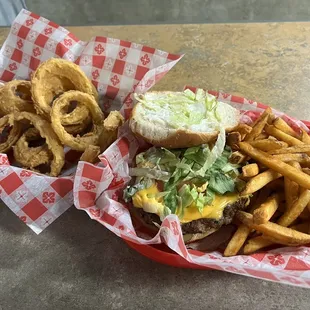 Mega Bubba Cheeseburger Side of Fries Onion Rings Bubba Sauce