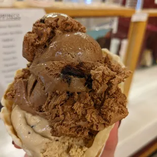 Double fudge brownie and expresso chip in a waffle cone